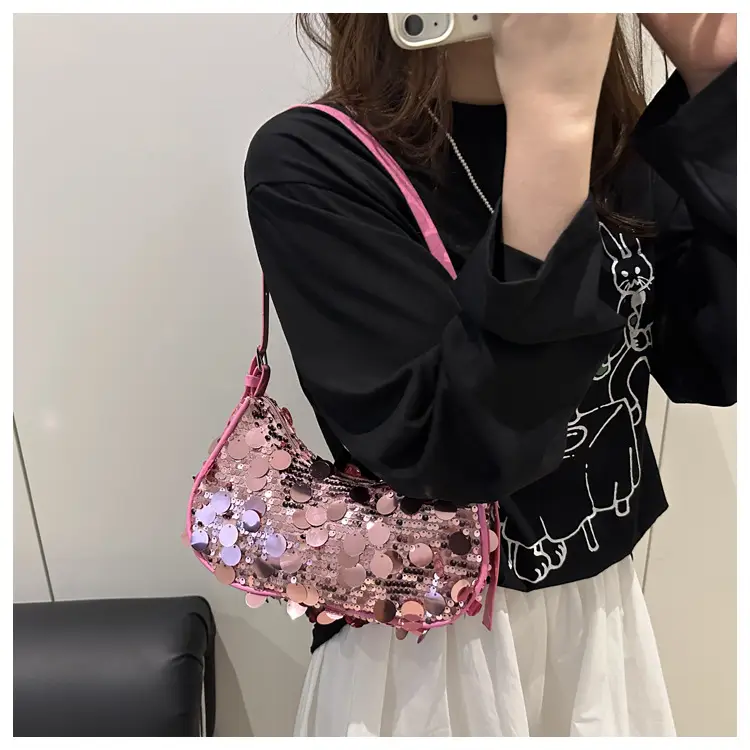 Pink Sequin Shoulder Bag Large Capacity Single Strap — feature 17