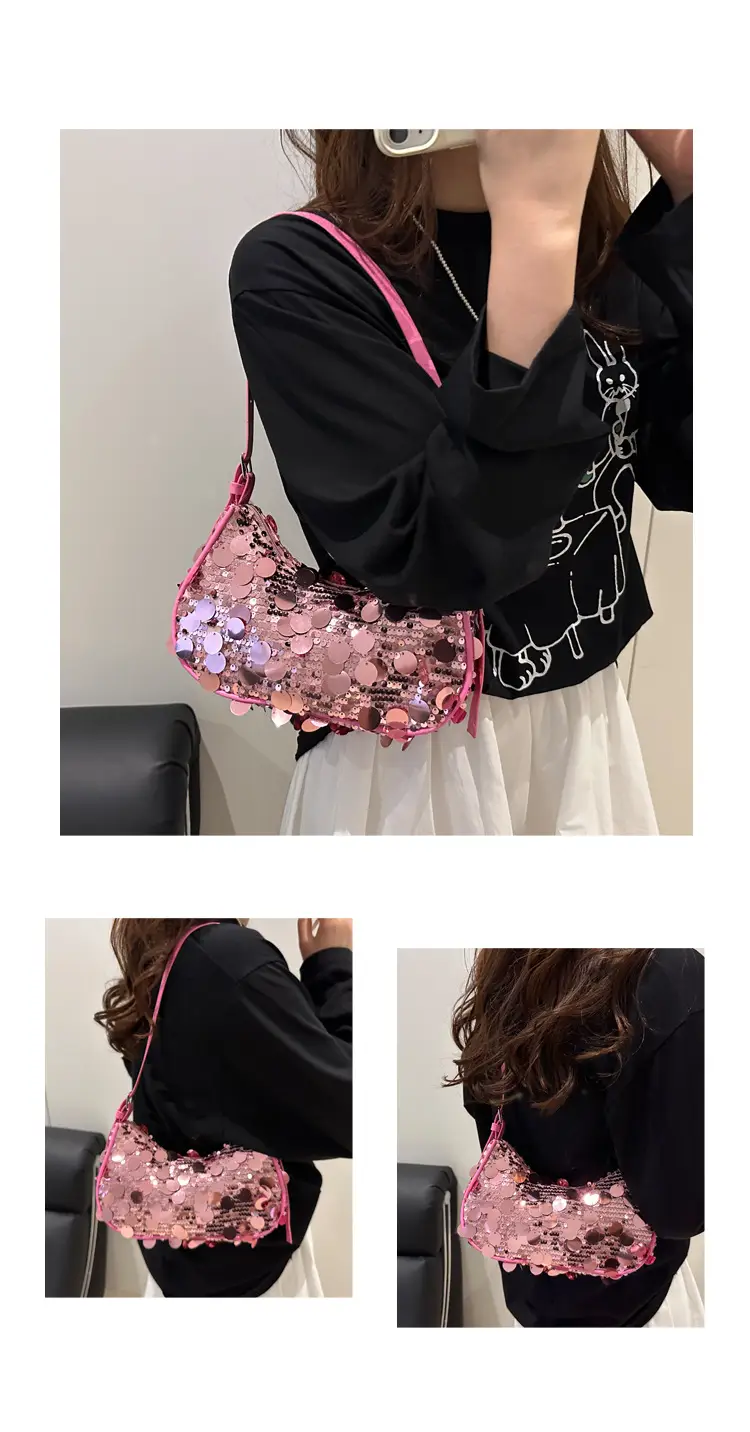 Pink Sequin Shoulder Bag Large Capacity Single Strap — feature 19