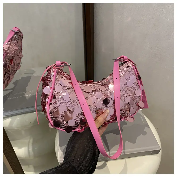 Pink Sequin Shoulder Bag Large Capacity Single Strap — feature 23