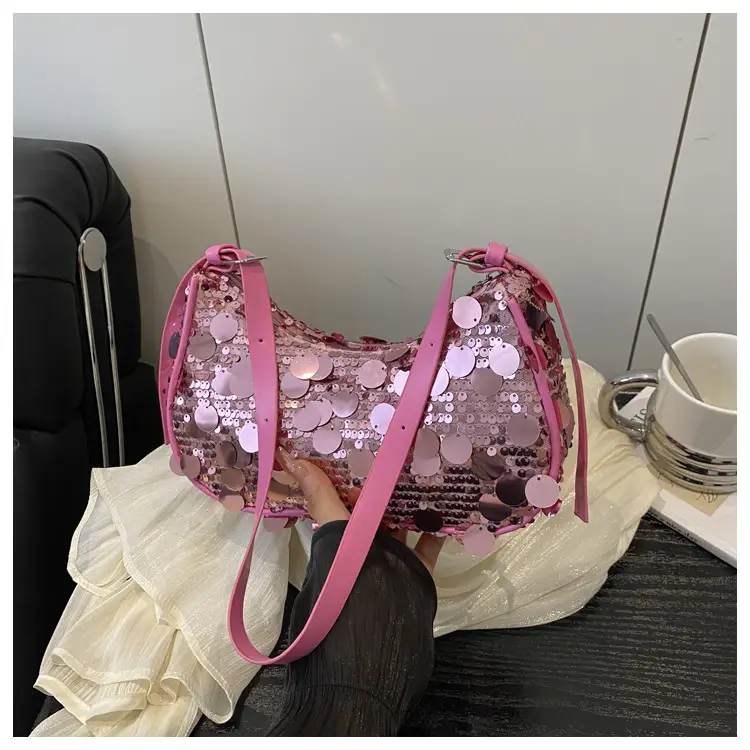 Pink Sequin Shoulder Bag Large Capacity Single Strap