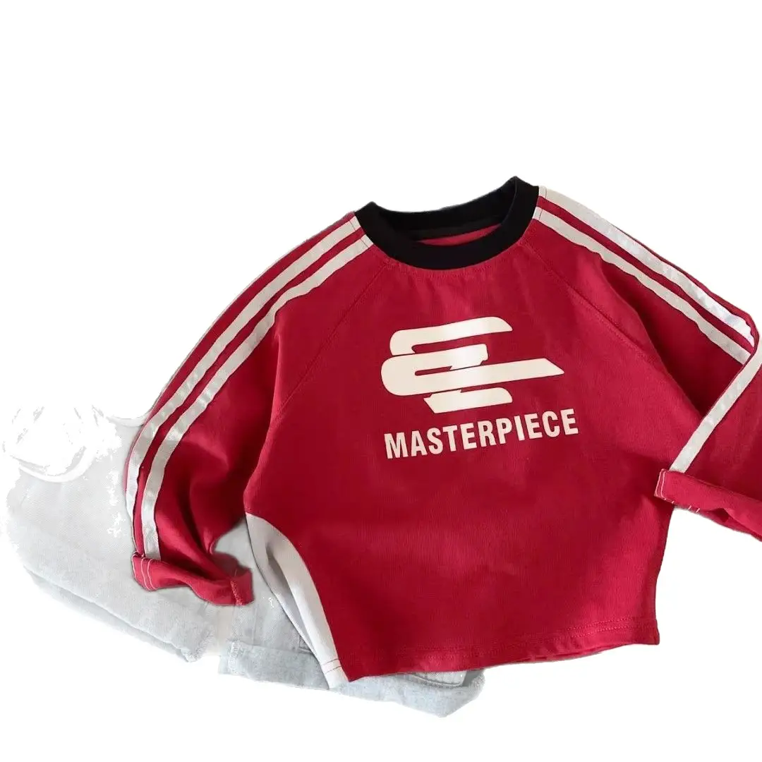 Kids Cotton Letter T-Shirt Red Black Korean Style - Image 7
