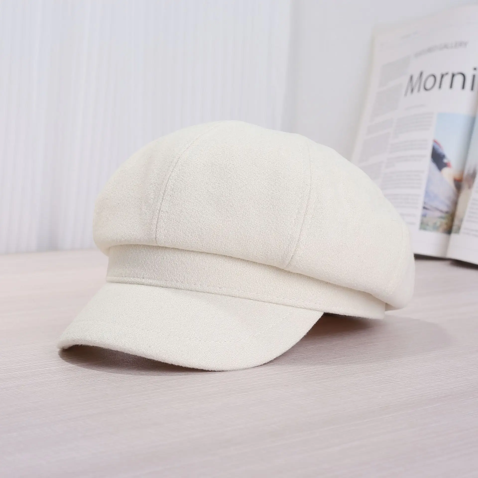 White Korean Style Octagonal Cap for Women & Men - Image 2