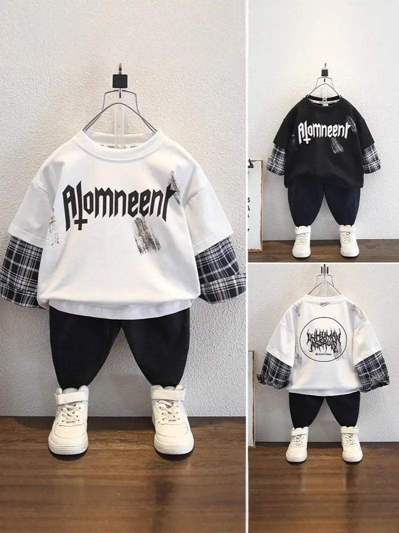 9563 Boys Long Sleeve T-Shirt White Black Plaid 2026 Spring - Image 4
