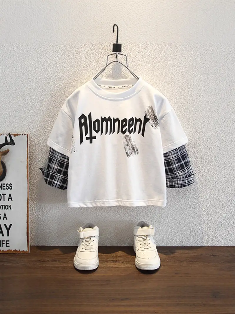 9563 Boys Long Sleeve T-Shirt White Black Plaid 2026 Spring - Image 5