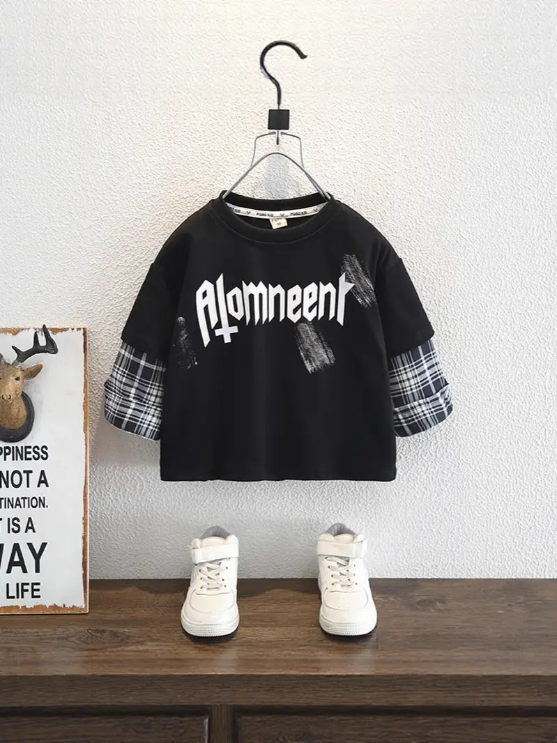 9563 Boys Long Sleeve T-Shirt White Black Plaid 2026 Spring - Image 6