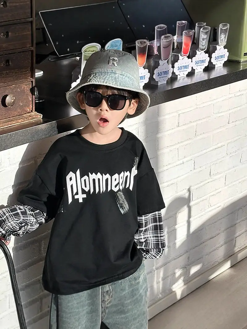 9563 Boys Long Sleeve T-Shirt White Black Plaid 2026 Spring - Image 7