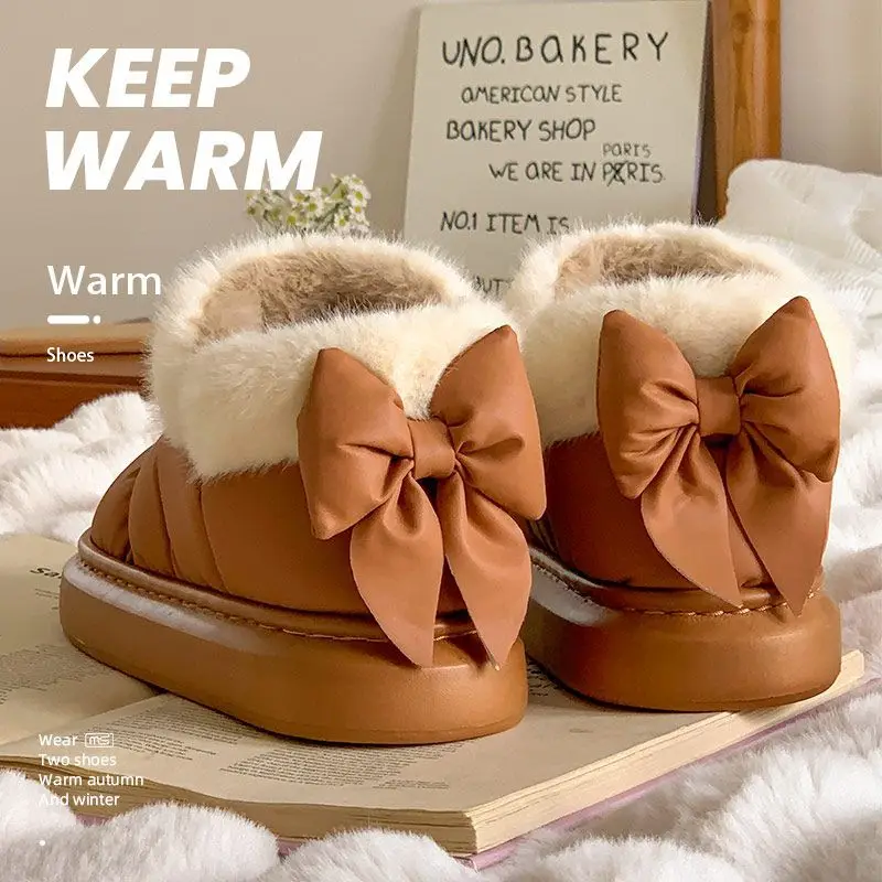 Source Factory New Winter Women's Shoes, High-Top Thick-Soled Bow-Knot Cotton Shoes, Snow Boots, Fleece-Lined, Warm and Breathable Cotton Slippers