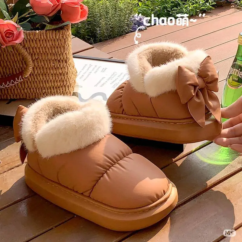 Source Factory New Winter Women's Shoes, High-Top Thick-Soled Bow-Knot Cotton Shoes, Snow Boots, Fleece-Lined, Warm and Breathable Cotton Slippers