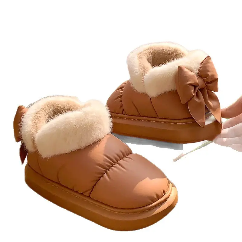 Source Factory New Winter Women's Shoes, High-Top Thick-Soled Bow-Knot Cotton Shoes, Snow Boots, Fleece-Lined, Warm and Breathable Cotton Slippers