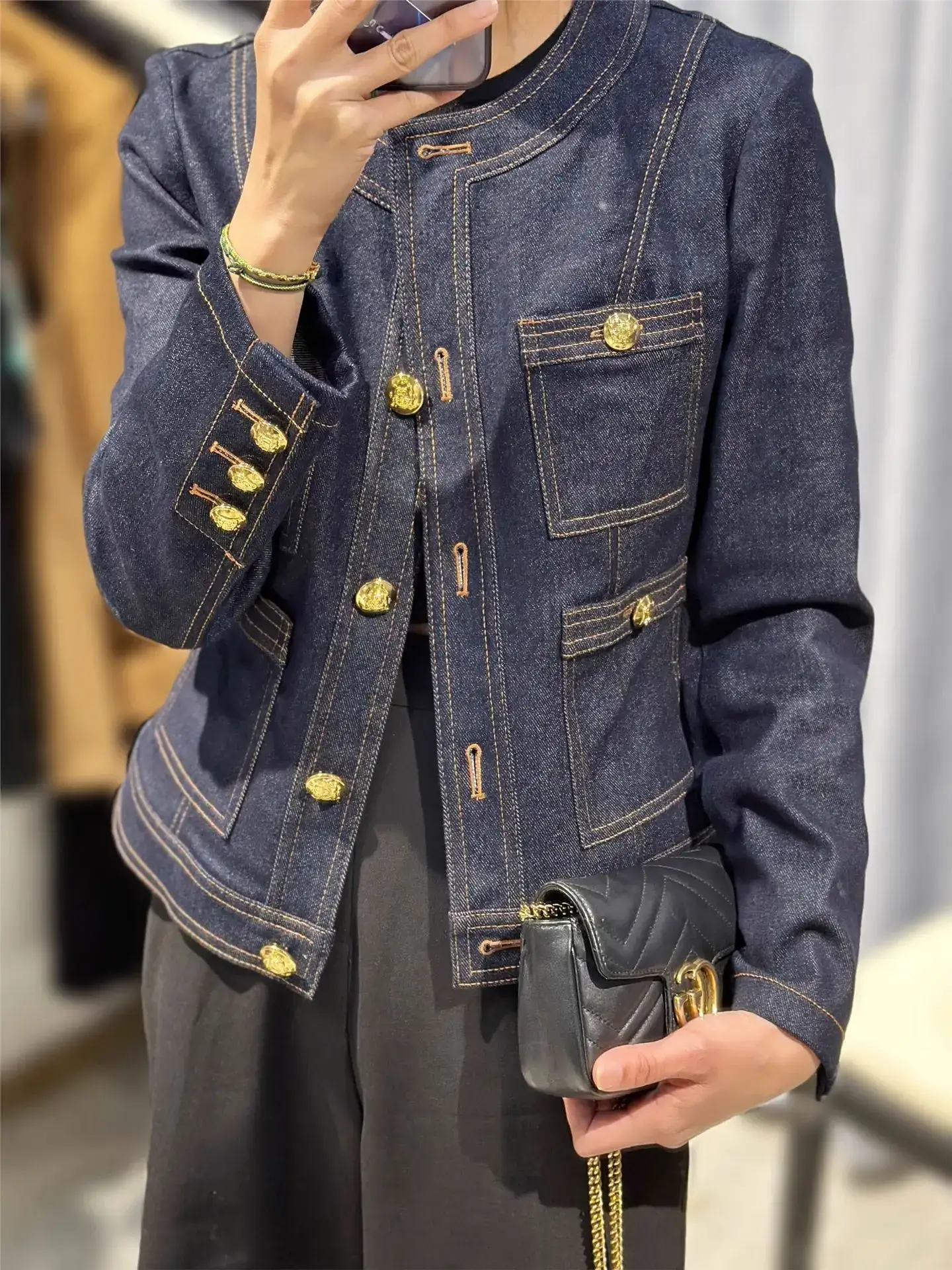 Women Denim Jacket Dark Blue Gold Buttons Small