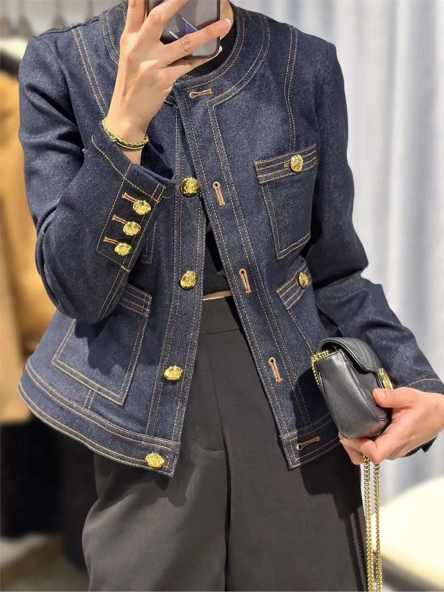 Women Denim Jacket Dark Blue Gold Buttons Small
