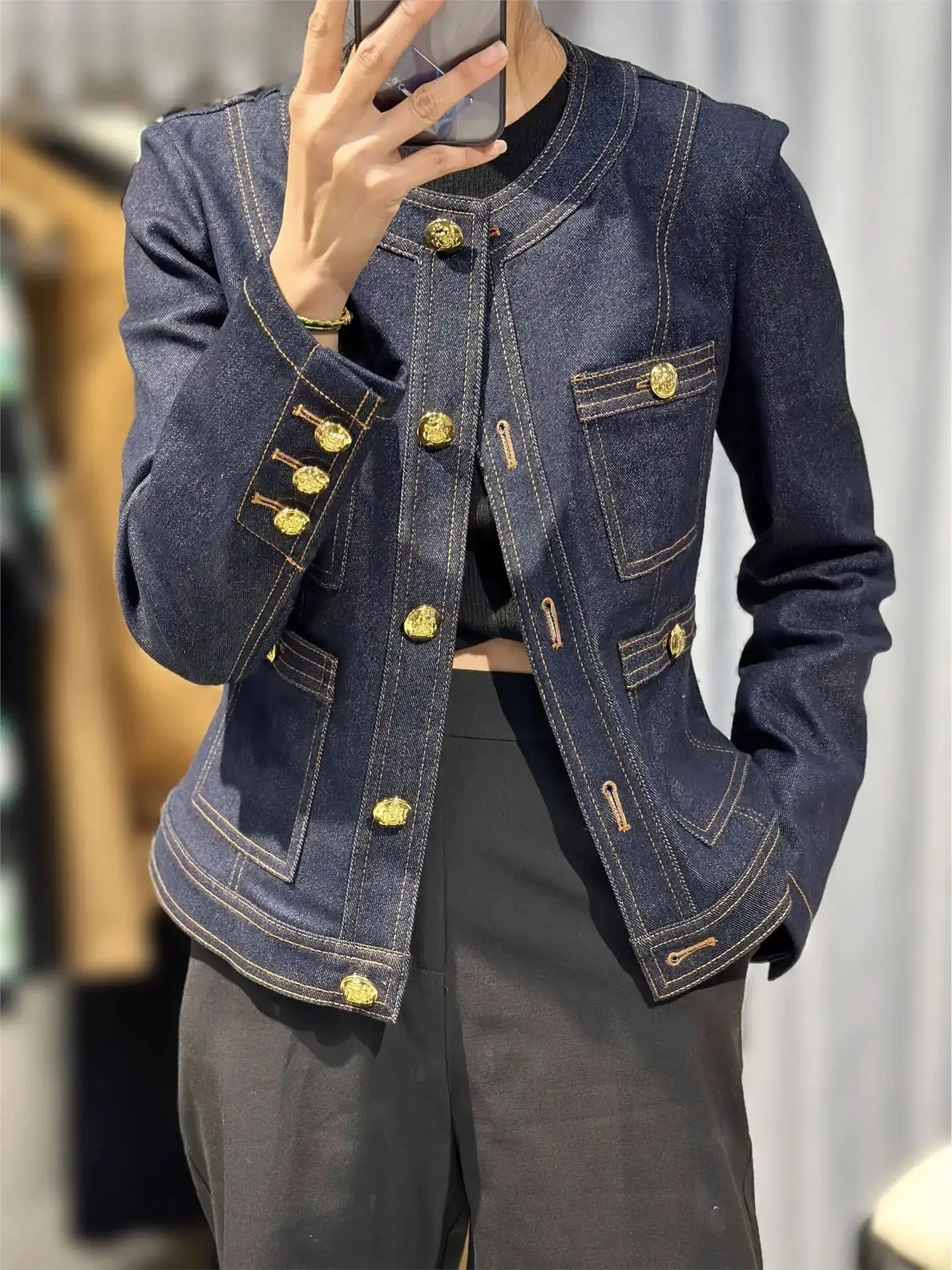 Women Denim Jacket Dark Blue Gold Buttons Small