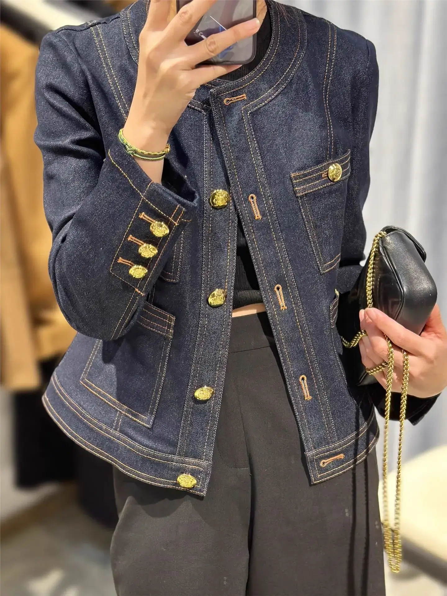 Women Denim Jacket Dark Blue Gold Buttons Small