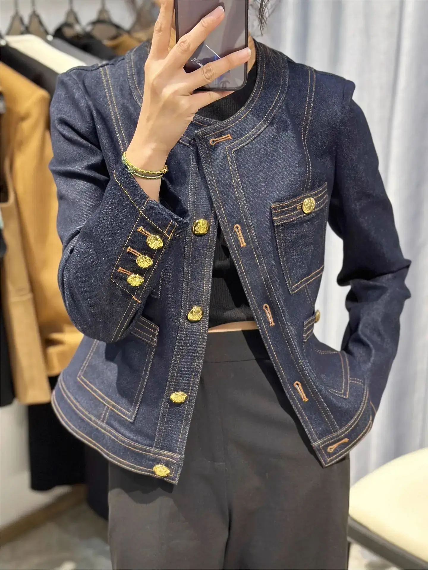 Women Denim Jacket Dark Blue Gold Buttons Small — feature 1