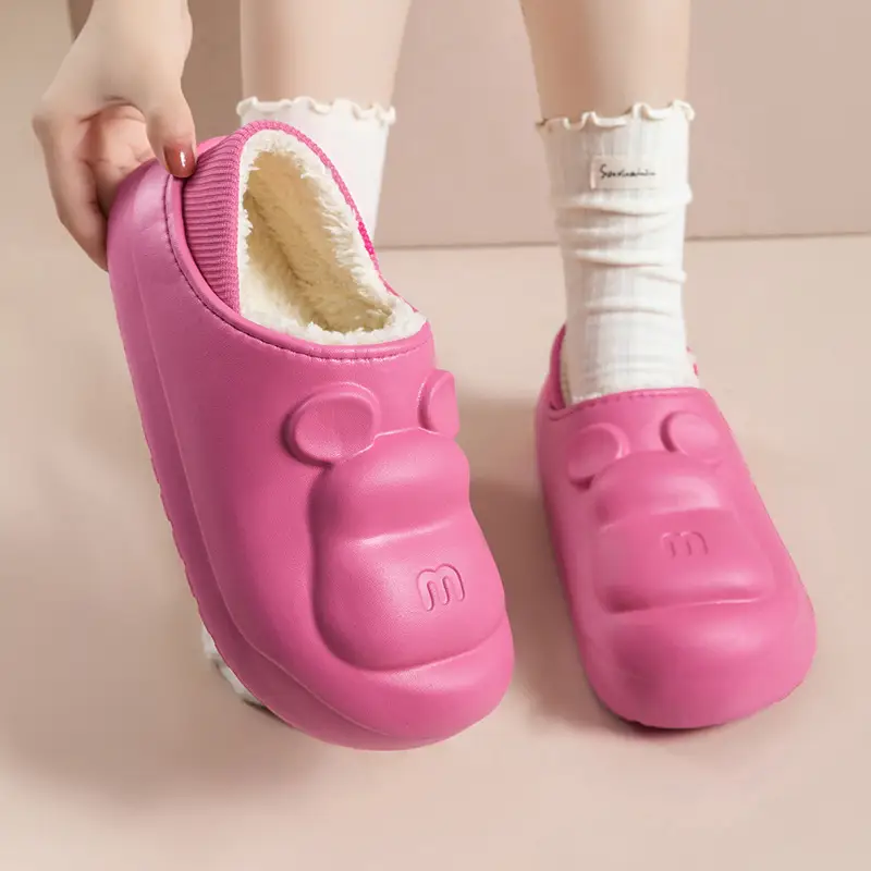 Bear Waterproof Cotton Slippers for Women, Plush Thick-Soled Slippers with a Soft Sole, Warm and Non-Slip for Postpartum Use, Suitable for Outdoor Wear - Image 4