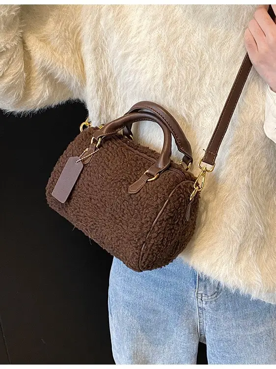 Brown Plush Boston Crossbody Bag for Women - Image 5