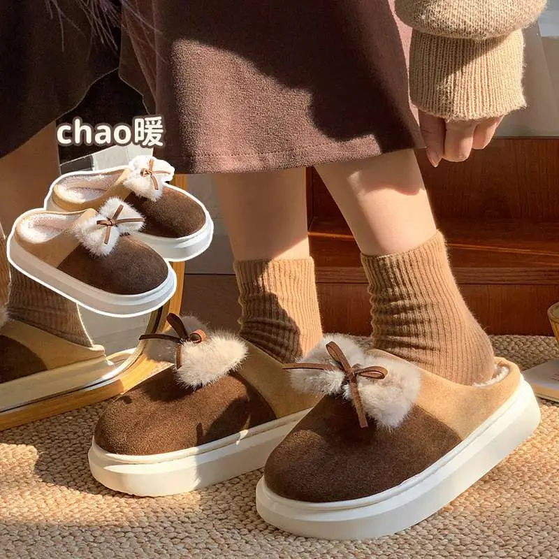 Source Factory's New Winter Plush Bow Cotton Slippers for Women, Casual Outdoor Wear, Indoor Home Slippers, Warm and Comfortable - Image 4