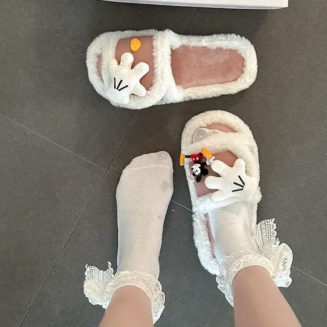 Cute Cartoon Mickey Gloves Open-Toe Furry Slippers for Women 2026 Autumn and Winter New Style Patchwork One-Strap Cotton Slippers Trendy Shoes