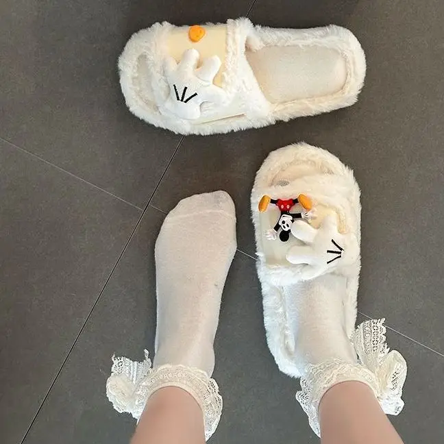 Cute Cartoon Mickey Gloves Open-Toe Furry Slippers for Women 2026 Autumn and Winter New Style Patchwork One-Strap Cotton Slippers Trendy Shoes