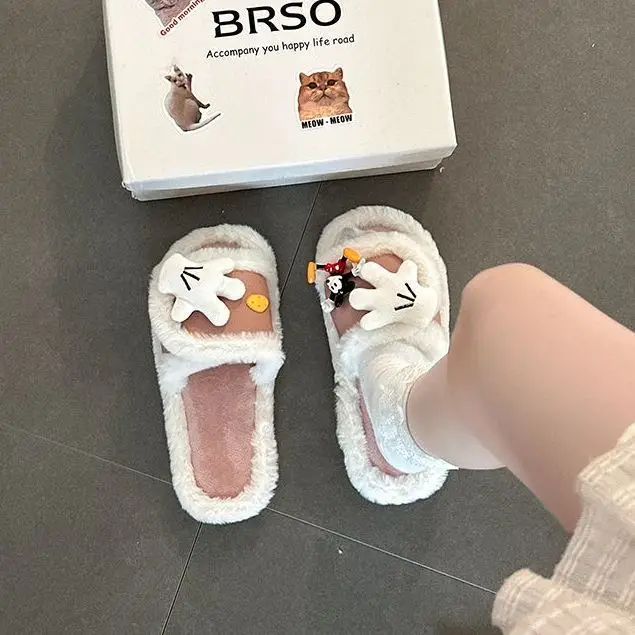 Cute Cartoon Mickey Gloves Open-Toe Furry Slippers for Women 2026 Autumn and Winter New Style Patchwork One-Strap Cotton Slippers Trendy Shoes