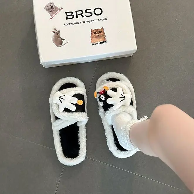 Cute Cartoon Mickey Gloves Open-Toe Furry Slippers for Women 2026 Autumn and Winter New Style Patchwork One-Strap Cotton Slippers Trendy Shoes