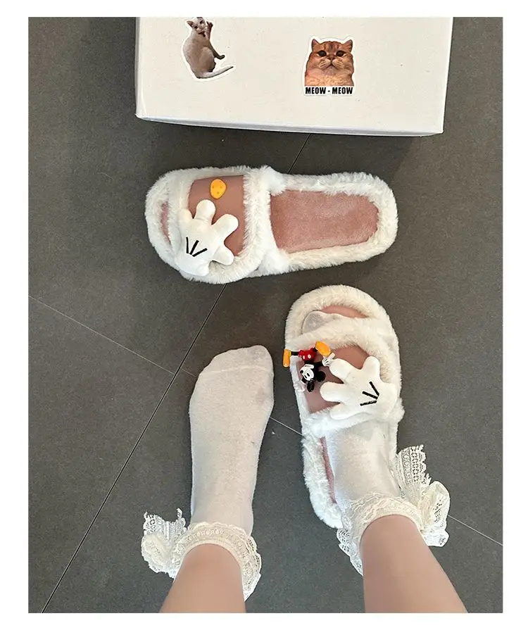 Cute Cartoon Mickey Gloves Open-Toe Furry Slippers for Women 2026 Autumn and Winter New Style Patchwork One-Strap Cotton Slippers Trendy Shoes — feature 10