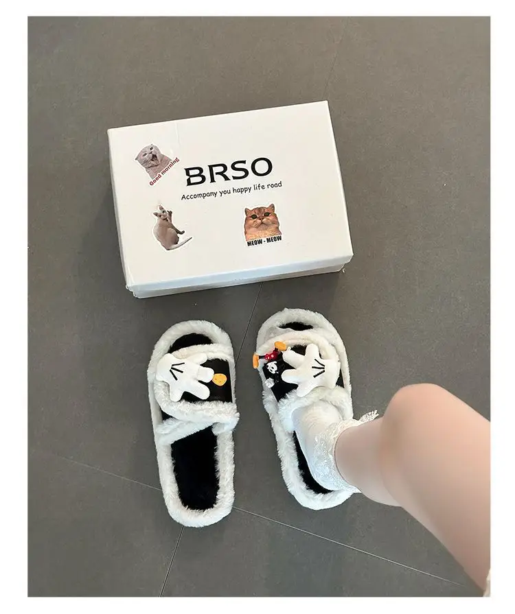Cute Cartoon Mickey Gloves Open-Toe Furry Slippers for Women 2026 Autumn and Winter New Style Patchwork One-Strap Cotton Slippers Trendy Shoes — feature 12