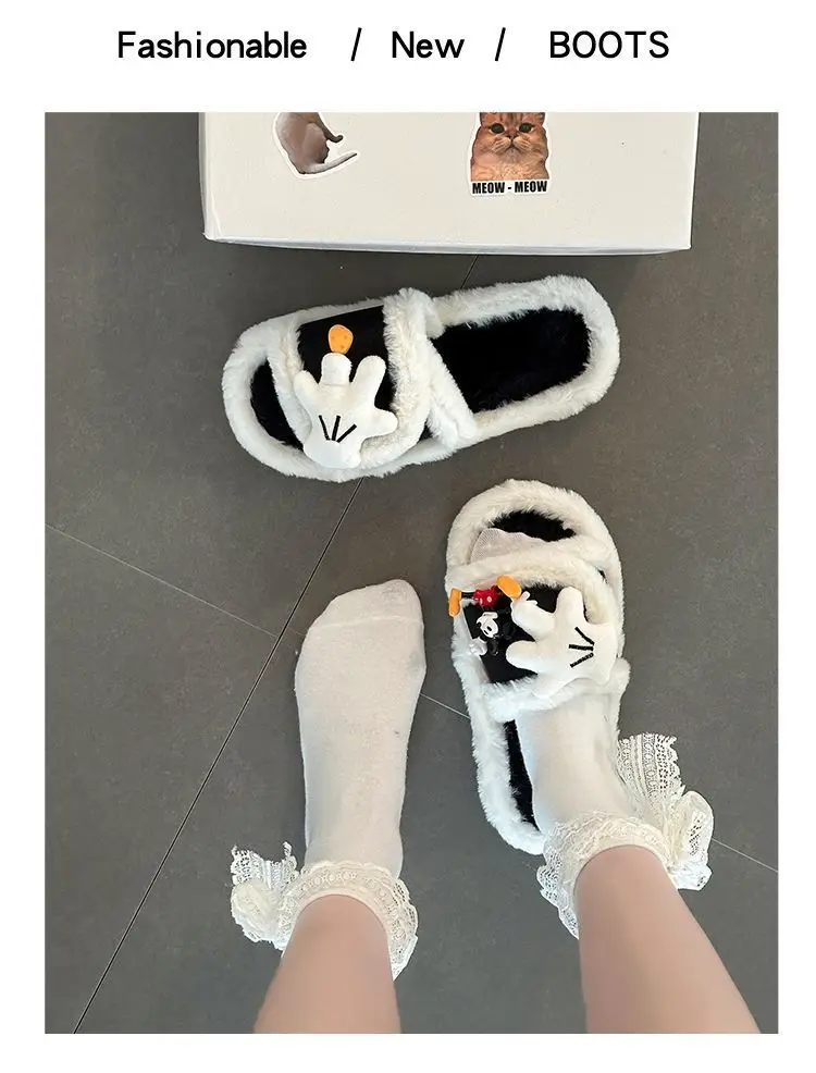Cute Cartoon Mickey Gloves Open-Toe Furry Slippers for Women 2026 Autumn and Winter New Style Patchwork One-Strap Cotton Slippers Trendy Shoes — feature 13