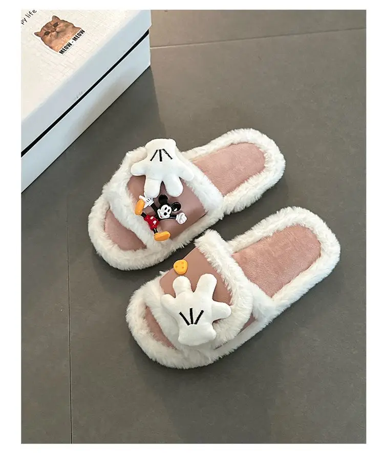 Cute Cartoon Mickey Gloves Open-Toe Furry Slippers for Women 2026 Autumn and Winter New Style Patchwork One-Strap Cotton Slippers Trendy Shoes — feature 15