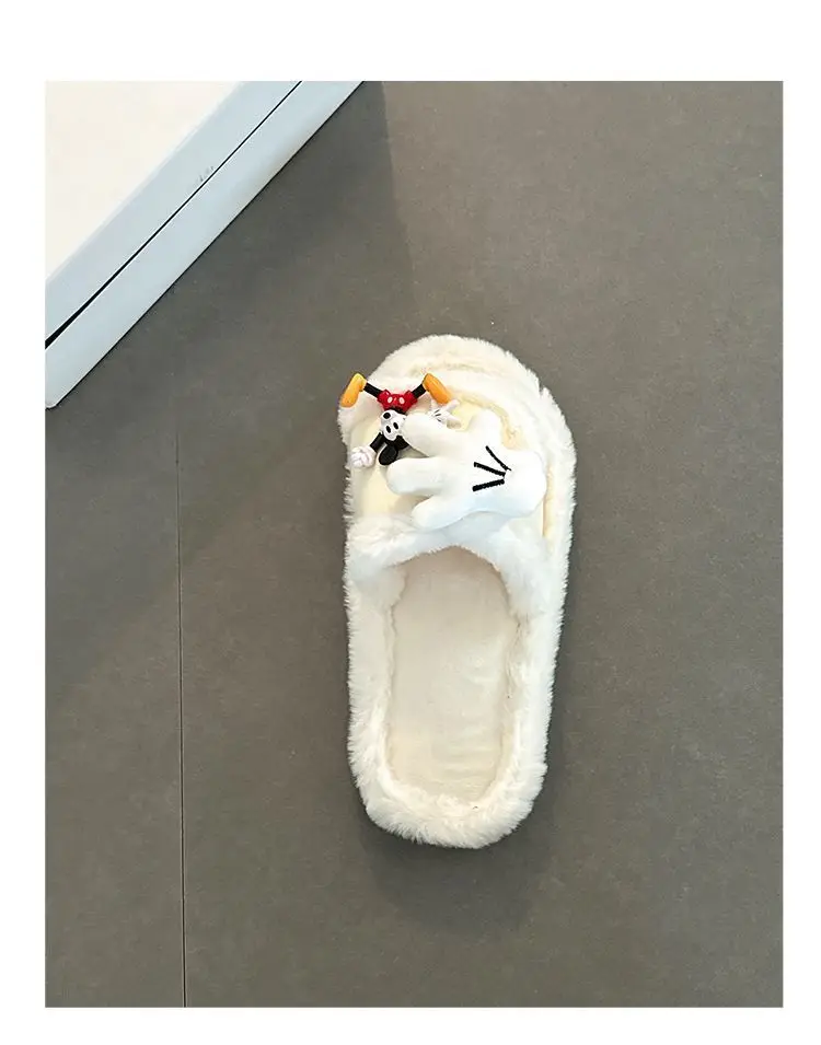 Cute Cartoon Mickey Gloves Open-Toe Furry Slippers for Women 2026 Autumn and Winter New Style Patchwork One-Strap Cotton Slippers Trendy Shoes — feature 16