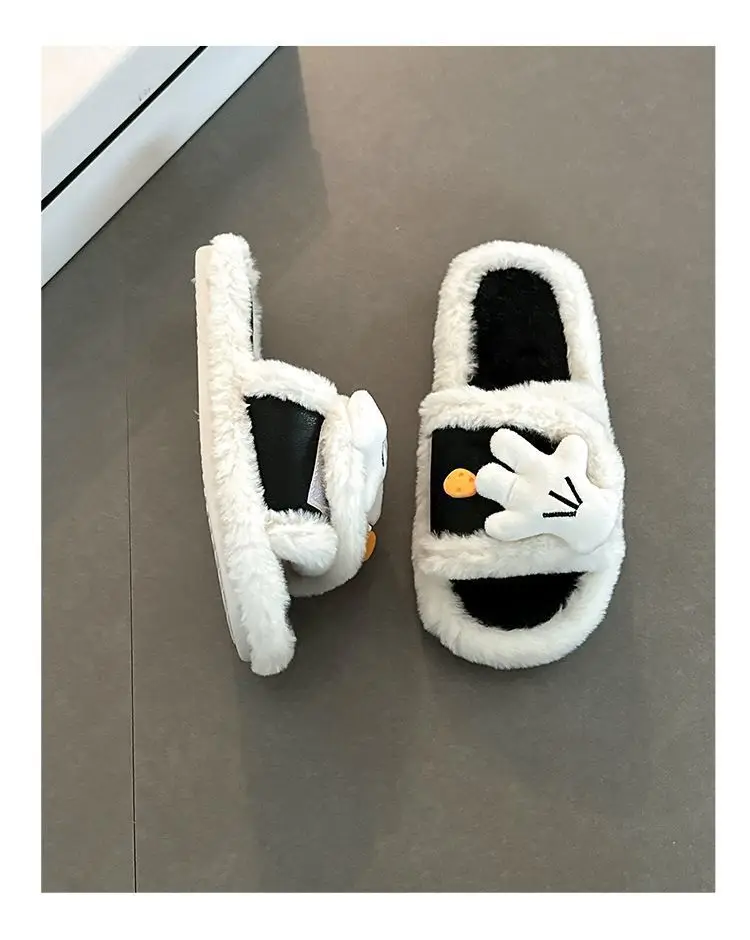Cute Cartoon Mickey Gloves Open-Toe Furry Slippers for Women 2026 Autumn and Winter New Style Patchwork One-Strap Cotton Slippers Trendy Shoes — feature 17