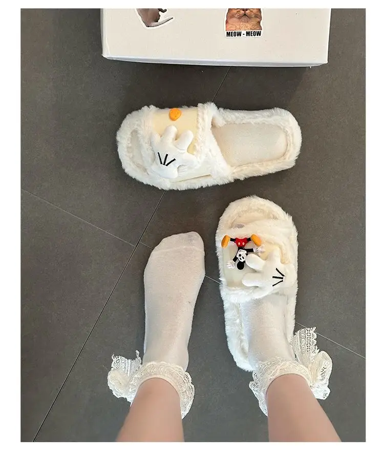 Cute Cartoon Mickey Gloves Open-Toe Furry Slippers for Women 2026 Autumn and Winter New Style Patchwork One-Strap Cotton Slippers Trendy Shoes — feature 7
