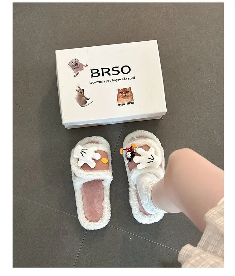 Cute Cartoon Mickey Gloves Open-Toe Furry Slippers for Women 2026 Autumn and Winter New Style Patchwork One-Strap Cotton Slippers Trendy Shoes — feature 9