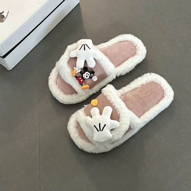 Cute Cartoon Mickey Gloves Open-Toe Furry Slippers for Women 2026 Autumn and Winter New Style Patchwork One-Strap Cotton Slippers Trendy Shoes