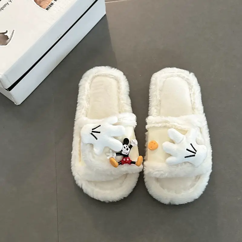 Cute Cartoon Mickey Gloves Open-Toe Furry Slippers for Women 2026 Autumn and Winter New Style Patchwork One-Strap Cotton Slippers Trendy Shoes