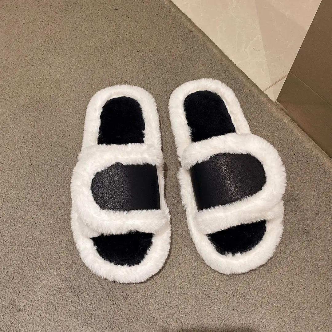 Cute Cartoon Mickey Gloves Open-Toe Furry Slippers for Women 2026 Autumn and Winter New Style Patchwork One-Strap Cotton Slippers Trendy Shoes