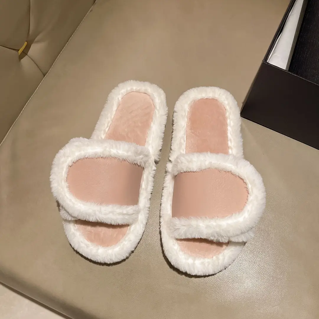 Cute Cartoon Mickey Gloves Open-Toe Furry Slippers for Women 2026 Autumn and Winter New Style Patchwork One-Strap Cotton Slippers Trendy Shoes