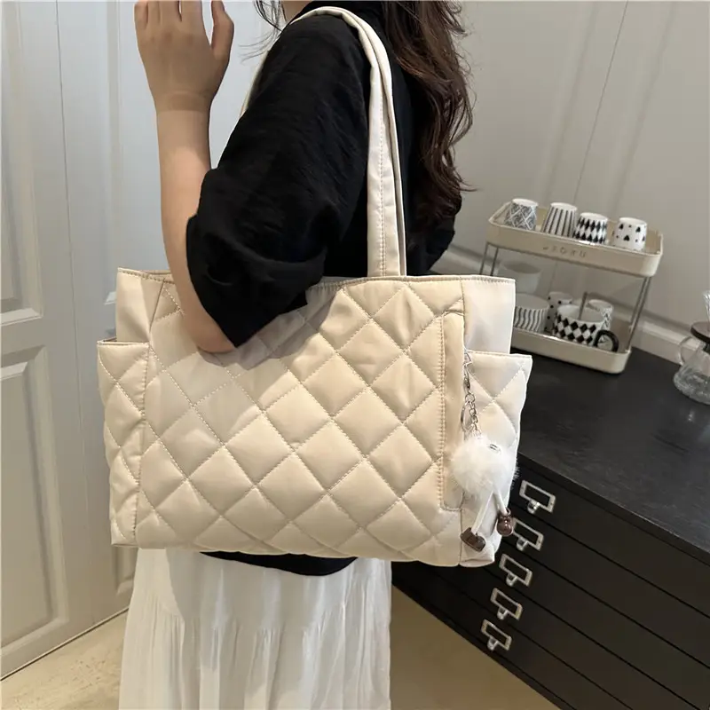 Quilted Cotton Commuting Bag Women Large Capacity Beige - Image 5