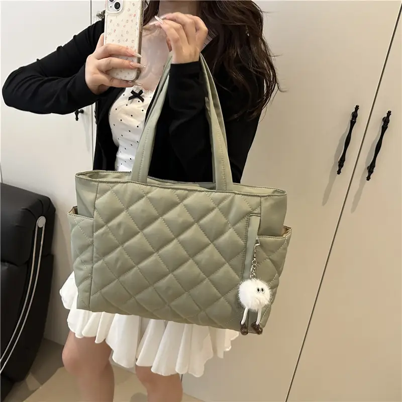 Quilted Cotton Commuting Bag Women Large Capacity Beige - Image 6