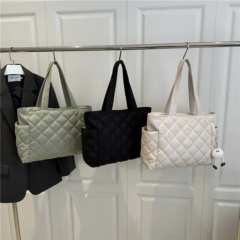 Quilted Cotton Commuting Bag Women Large Capacity Beige - Image 7