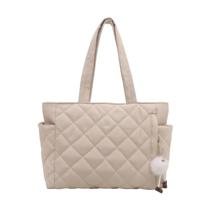 Quilted Cotton Commuting Bag Women Large Capacity Beige - Image 8