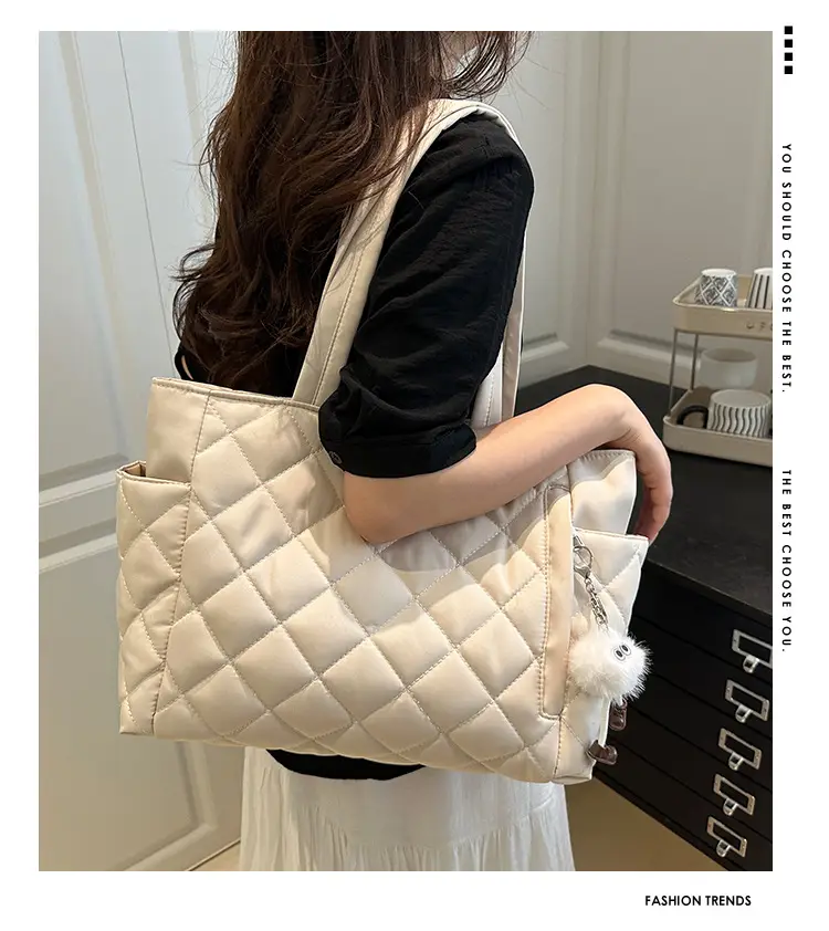 Quilted Cotton Commuting Bag Women Large Capacity Beige — feature 1