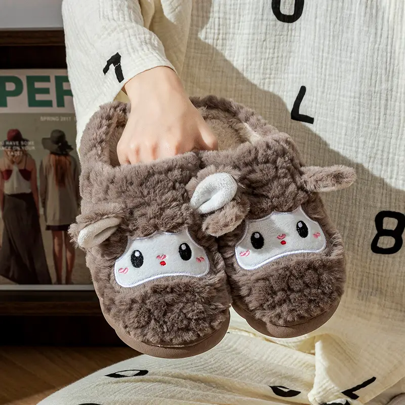 Cute Cartoon Fleece-Lined Cotton Slippers for Women 2025 Autumn and Winter New Indoor Home Soft-Soled Non-Slip Warm Furry Slippers - Image 3