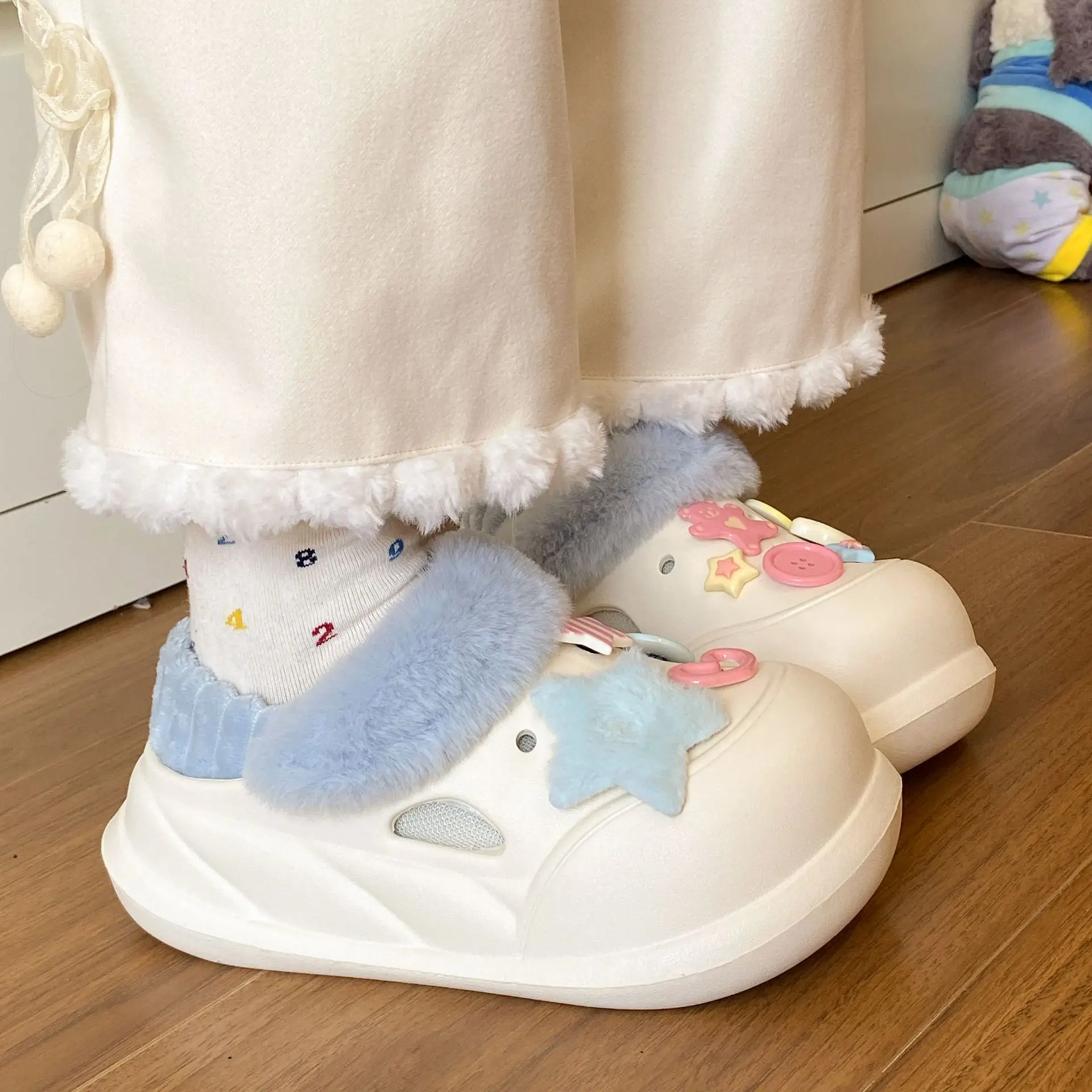 2025 Winter Cotton Slippers Women White Blue Star Decor - Image 6