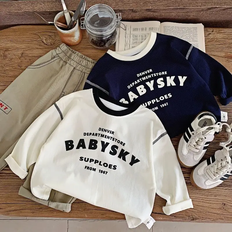 Pure Cotton Kids Long Sleeve T-Shirt White Navy Baby Boys — feature 5