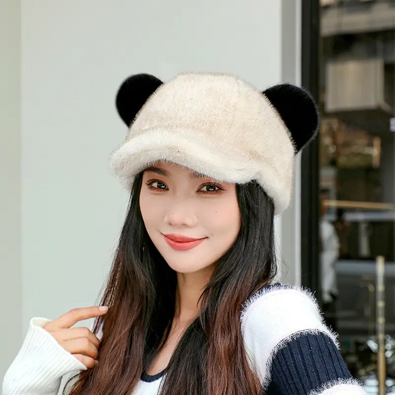 Women Mink Plush Cap Winter Warm Cute Bear Ears - Image 7