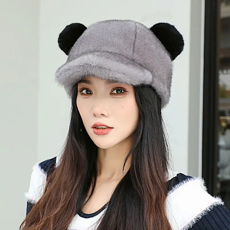 Women Mink Plush Cap Winter Warm Cute Bear Ears - Image 3