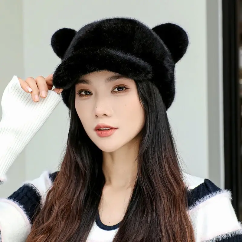 Women Mink Plush Cap Winter Warm Cute Bear Ears - Image 4