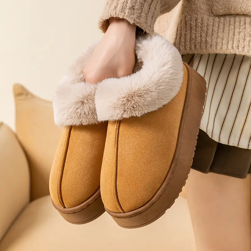 Women Warm Velvet Cotton Snow Slippers Beige