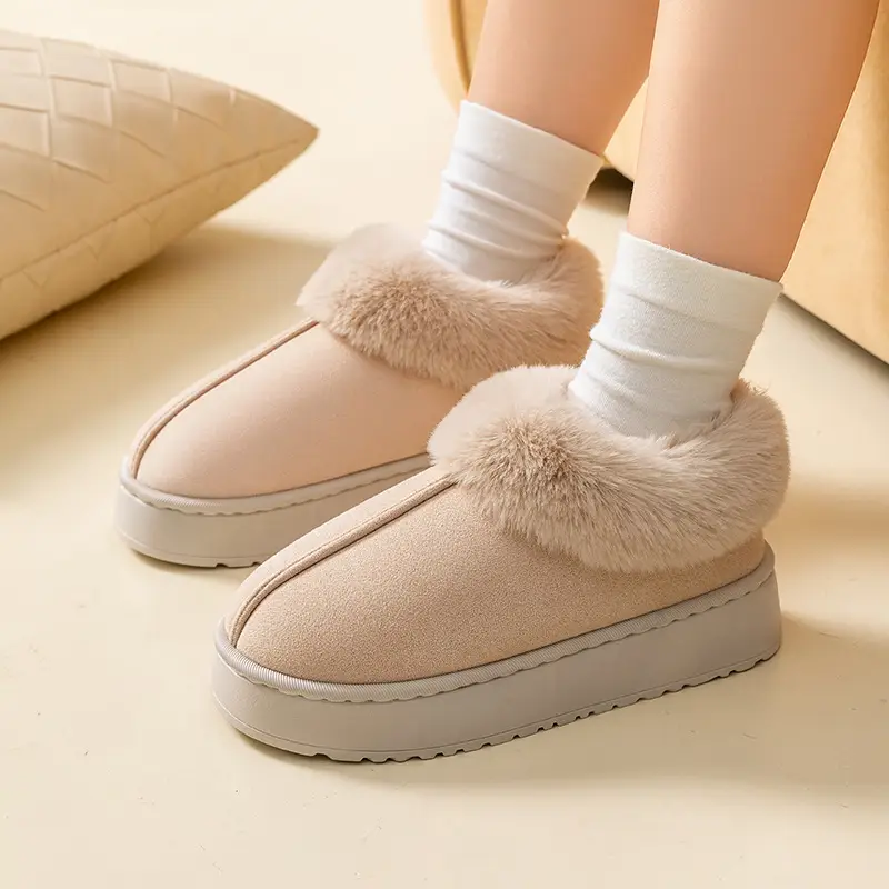 Women Warm Velvet Cotton Snow Slippers Beige